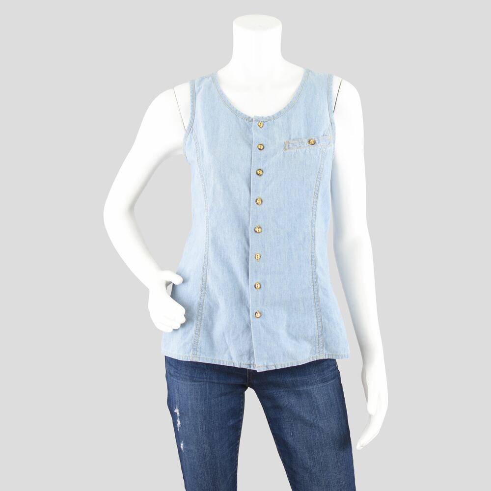 Vintage Jean Shirt, Light Washed Sleeveless Button Down, Lizwear Women's Small